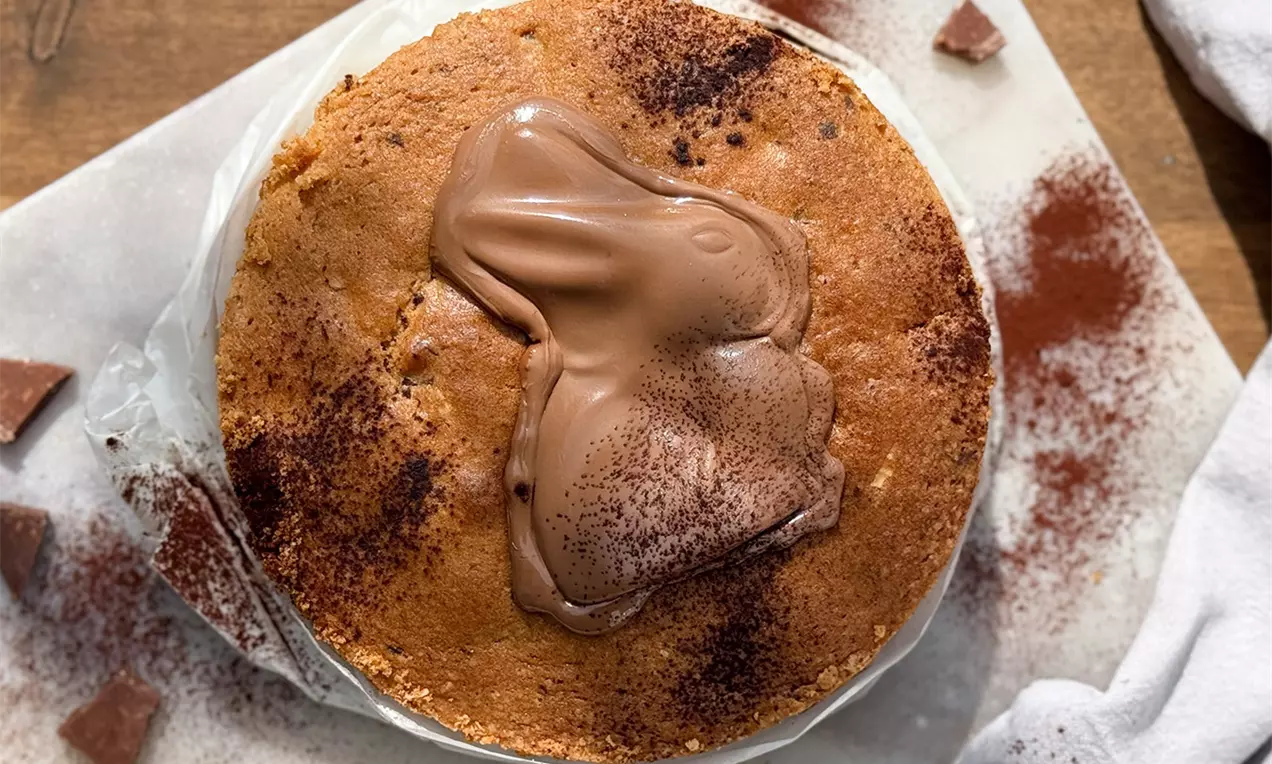 Runder Osterhasen-Kuchen mit goldbrauner Oberfläche, Schokoladenhasen-Dekor und Kakao bestäubt auf hellem Untergrund mit Schokoladenstücken