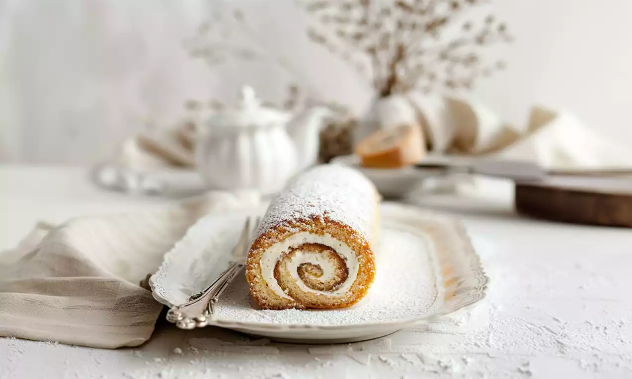 Goldene Biskuitrolle mit feiner Spirale aus heller Creme, bestäubt mit weißem Puderzucker, auf einer dekorativen Platte mit zarten Stoffen drapiert