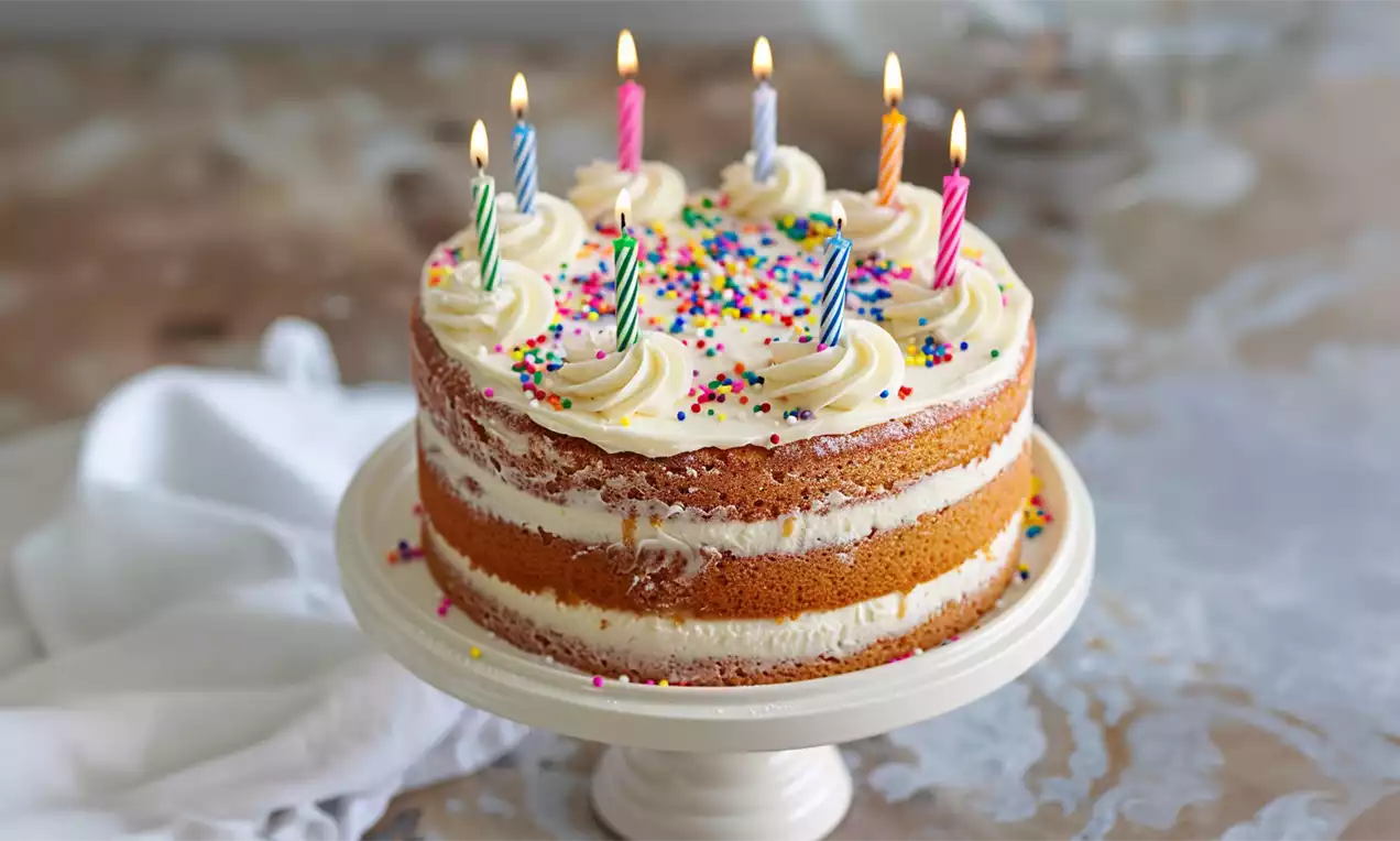 Goldbrauner Naked Cake mit Schichten aus heller Creme, bunten Streuseln, Sahnetupfen und brennenden Geburtstagskerzen auf weißer Tortenplatte
