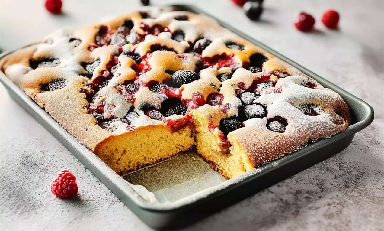 Beerenkuchen mit hellem Biskuit und Puderzucker bestreut. Er liegt noch im Backblech und liegt auf einem hellen Tisch
