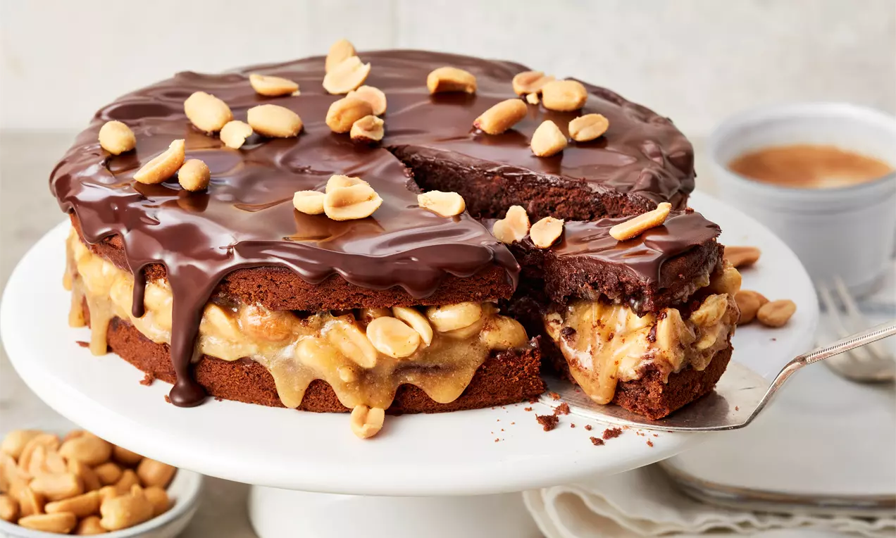 Schokoladenkuchen mit glänzender Glasur, gefüllt mit cremiger Erdnussmasse, bestreut mit ganzen Erdnüssen auf einer weißen Tortenplatte