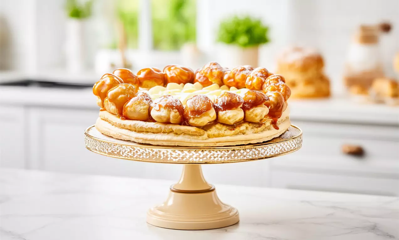 Saint-Honoré-Torte mit goldbraunen Profiteroles, Sahnetupfen und zart glänzendem Karamell auf eleganter Kuchenplatte aus Porzellan, AI-labeled image