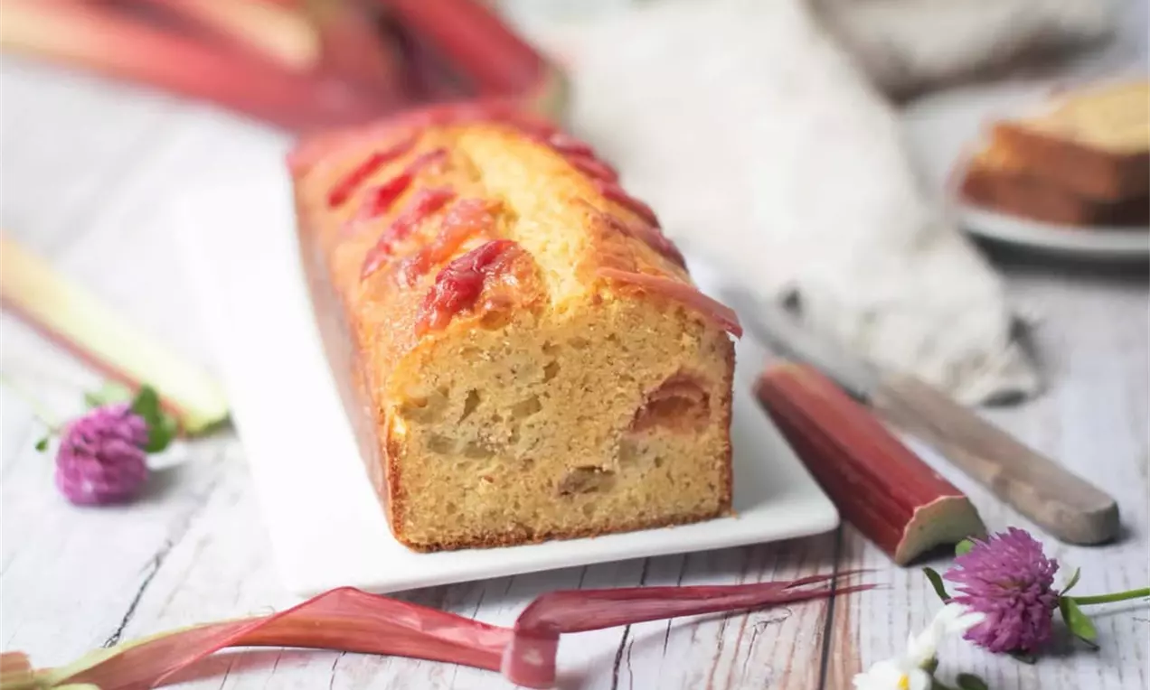 Saftiger Rührkuchen mit goldbrauner Kruste und roten Rhabarberstücken, auf weißer Platte mit frischen Blüten und Tuch dekoriert