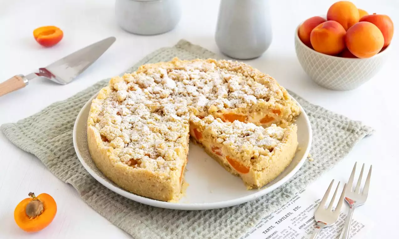 Aprikosen-Streuselkuchen mit goldbrauner Kruste, saftigen Aprikosenstücken und Puderzucker auf einem weißen Teller mit grauer Stoffserviette