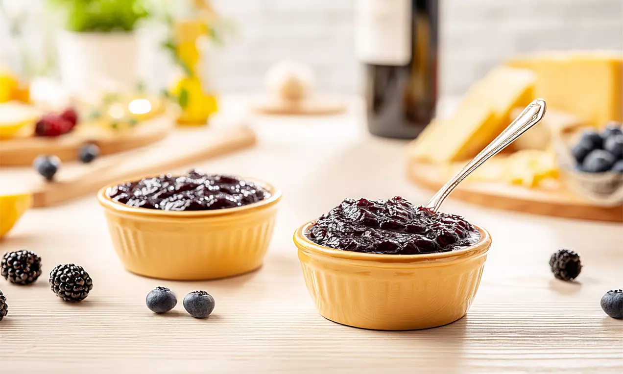 Tiefrote, glänzende Beeren-Chutney-Masse in gelben Keramikschüsseln, garniert mit frischen Beeren auf einem hellen Holztisch, AI-labeled image