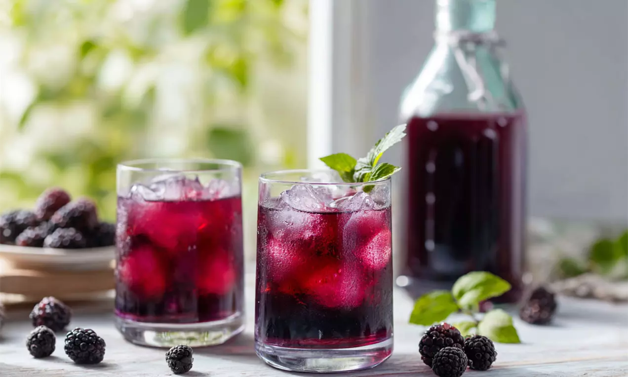 Zwei Gläser mit tiefrotem Brombeersirup und Eiswürfeln, dekoriert mit frischen Minzblättern, daneben eine Flasche und frische Brombeeren, AI-labeled image