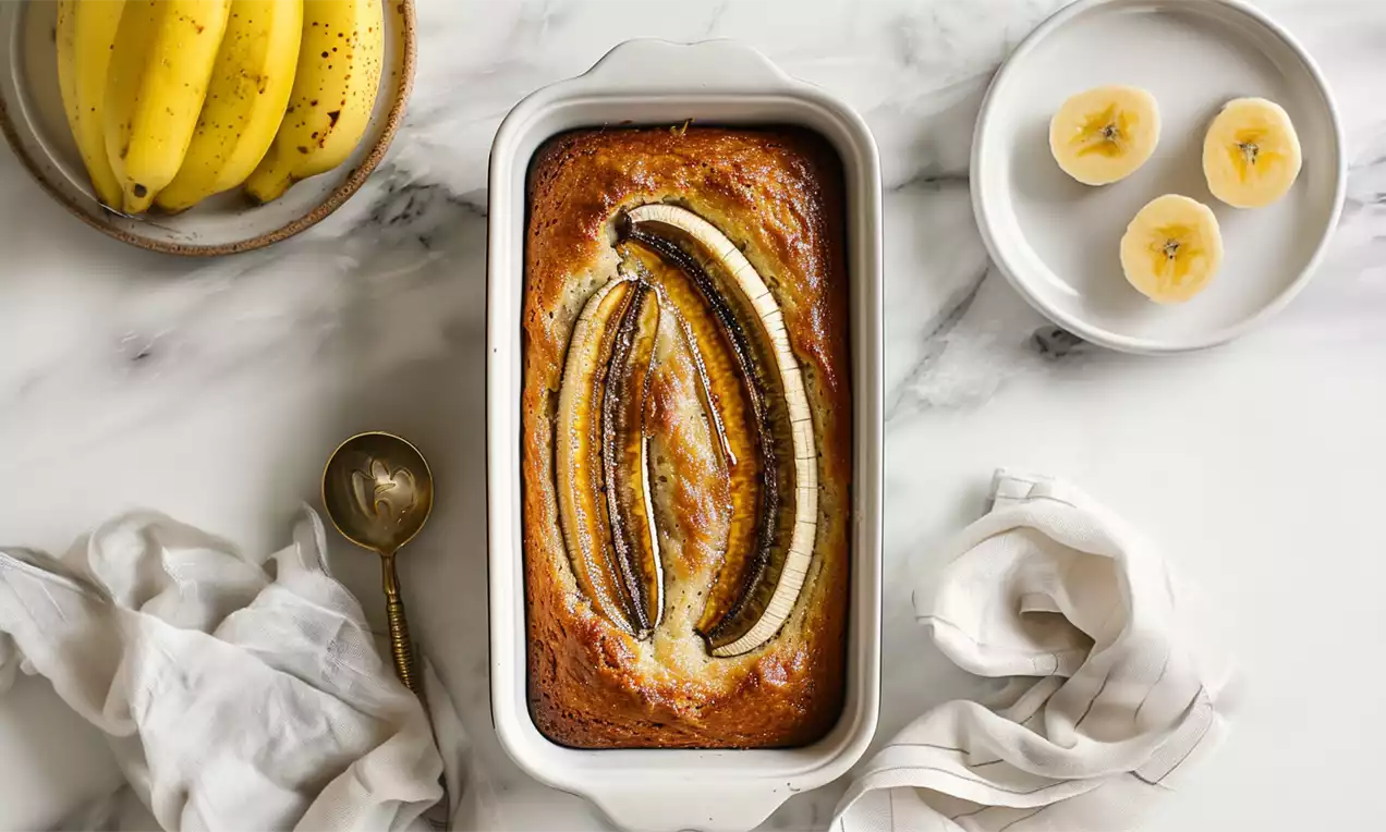 Goldbraunes Banana Bread in rechteckiger Form mit zwei gebackenen Bananenhälften darauf, auf einem Marmortisch mit Bananen und Stofftuch drapiert