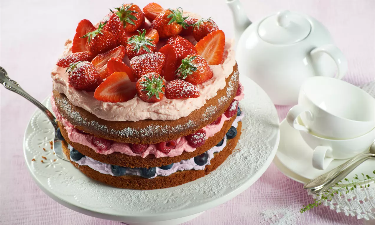 Naked Cake aus drei braunen Biskuitböden mit roten und blauen Beeren, Schichten von rosa Creme, bestäubt mit Puderzucker auf weißer Platte