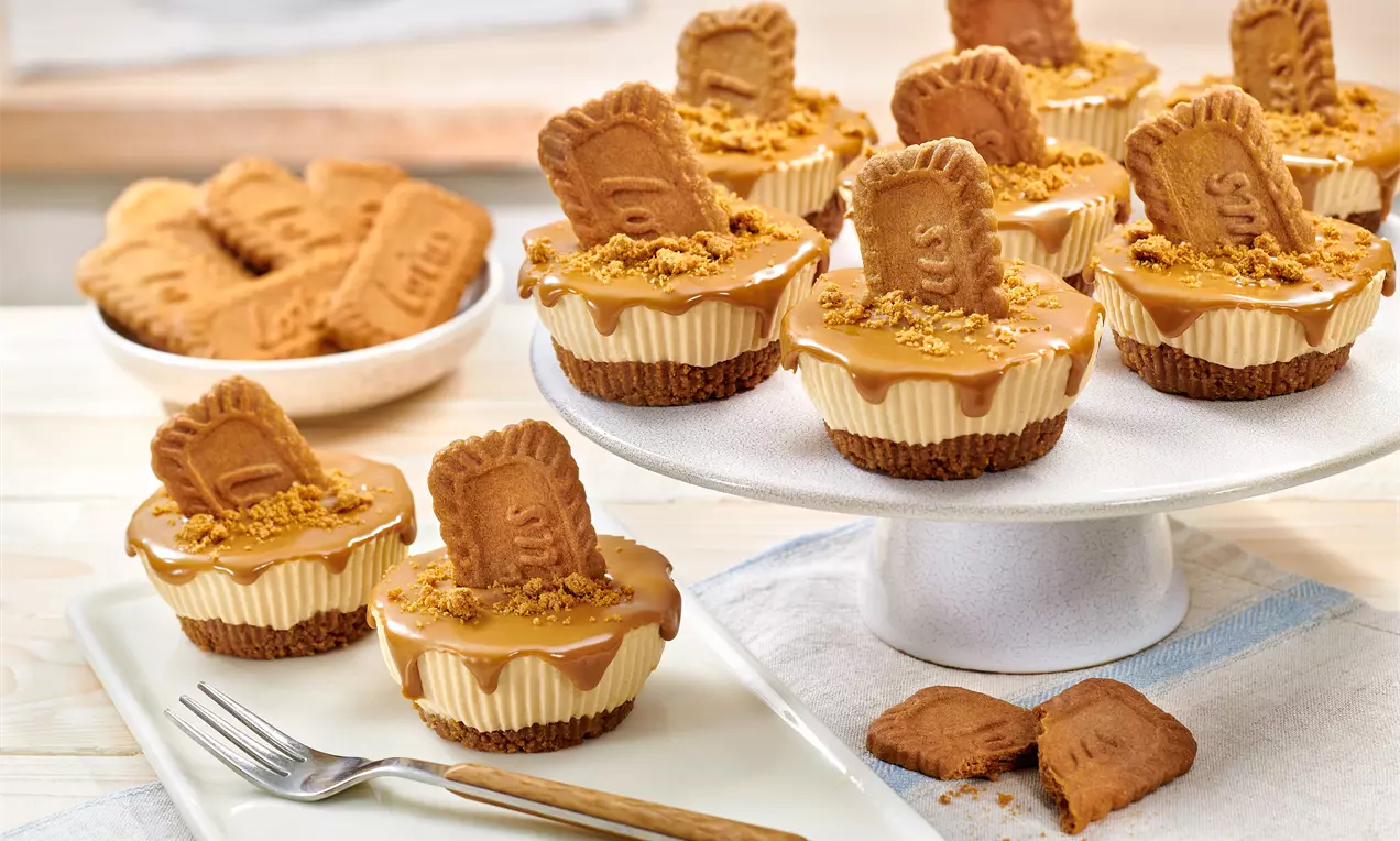 No-Bake-Lotus-Cheesecakes mit weißer Frischkäsefüllung auf braunem Keksboden, garniert mit karamellfarbener Creme und Lotus-Keks auf Teller und Platte