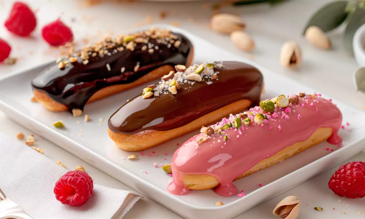 Drei verschiedene Eclairs mit Schoko-, Caramel- und Himbeer-Füllung sowie Glasur darüber.