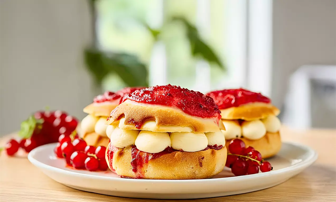 Luftige Gebäckschichten mit heller Cremefüllung und rotem Johannisbeer-Belag, arrangiert auf einem weißen Teller mit frischen Beeren, AI-labeled image