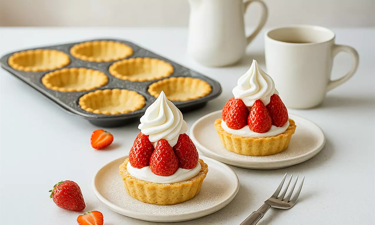 Tartelettes dorées garnies de crème blanche légère et de fraises rouges brillantes en couronne sur des assiettes avec une fourchette