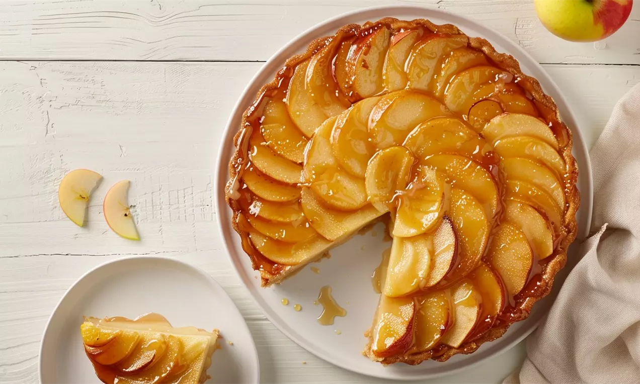 Tarte Tatin dorata con fette di mela sottili lucide di caramello disposte a spirale su base croccante, servita su un piatto bianco, AI-labeled image