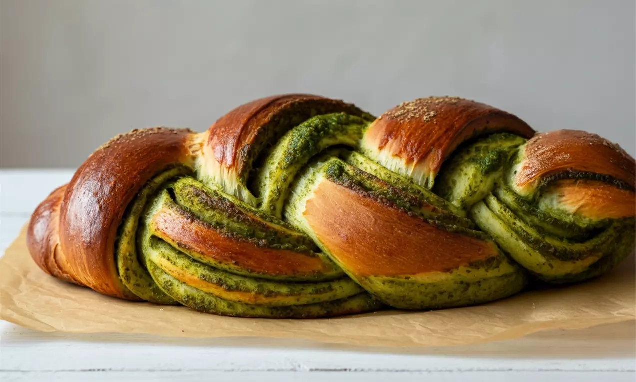 Treccia di pasta lievitata dorata intrecciata con un ripieno verde brillante, lucida e morbida su carta marrone chiaro sopra un tavolo bianco