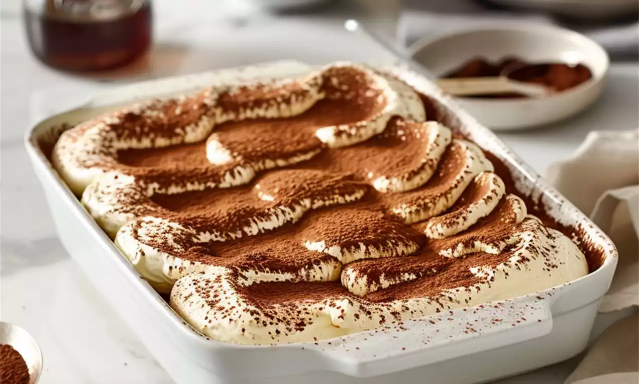 Tiramisu in einer weißen Auflaufform mit goldbraunen Löffelbiskuits und Kakaospuren dekoriert auf hellem Marmortisch mit Schalen und Tassen