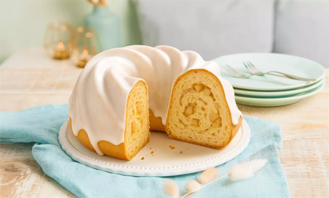 Gâteau bundt doré au glaçage blanc brillant, texture moelleuse parsemée de morceaux de pomme sur une assiette blanche sur une nappe bleue