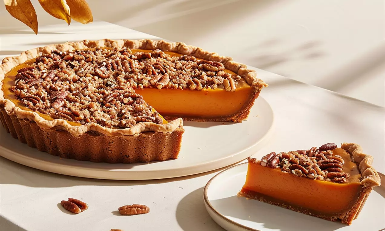 Pumpkin Pie mit knusprigem Rand, leuchtend orangefarbener Füllung und Pecannuss-Streuseln auf weißer Platte, eine Scheibe daneben